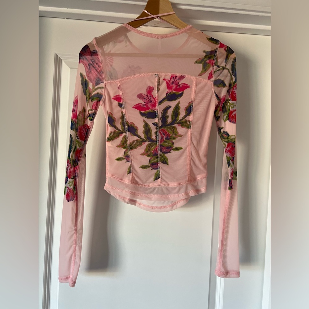 Free People Bettys Garden Mesh Top XS Pink Floral Sheer Long Sleeve Tee - Picture 5 of 9